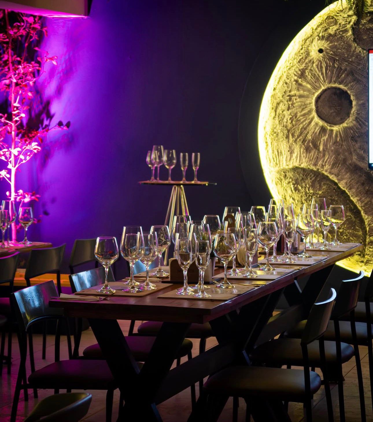 Elegant wine tasting setup with dramatic lighting